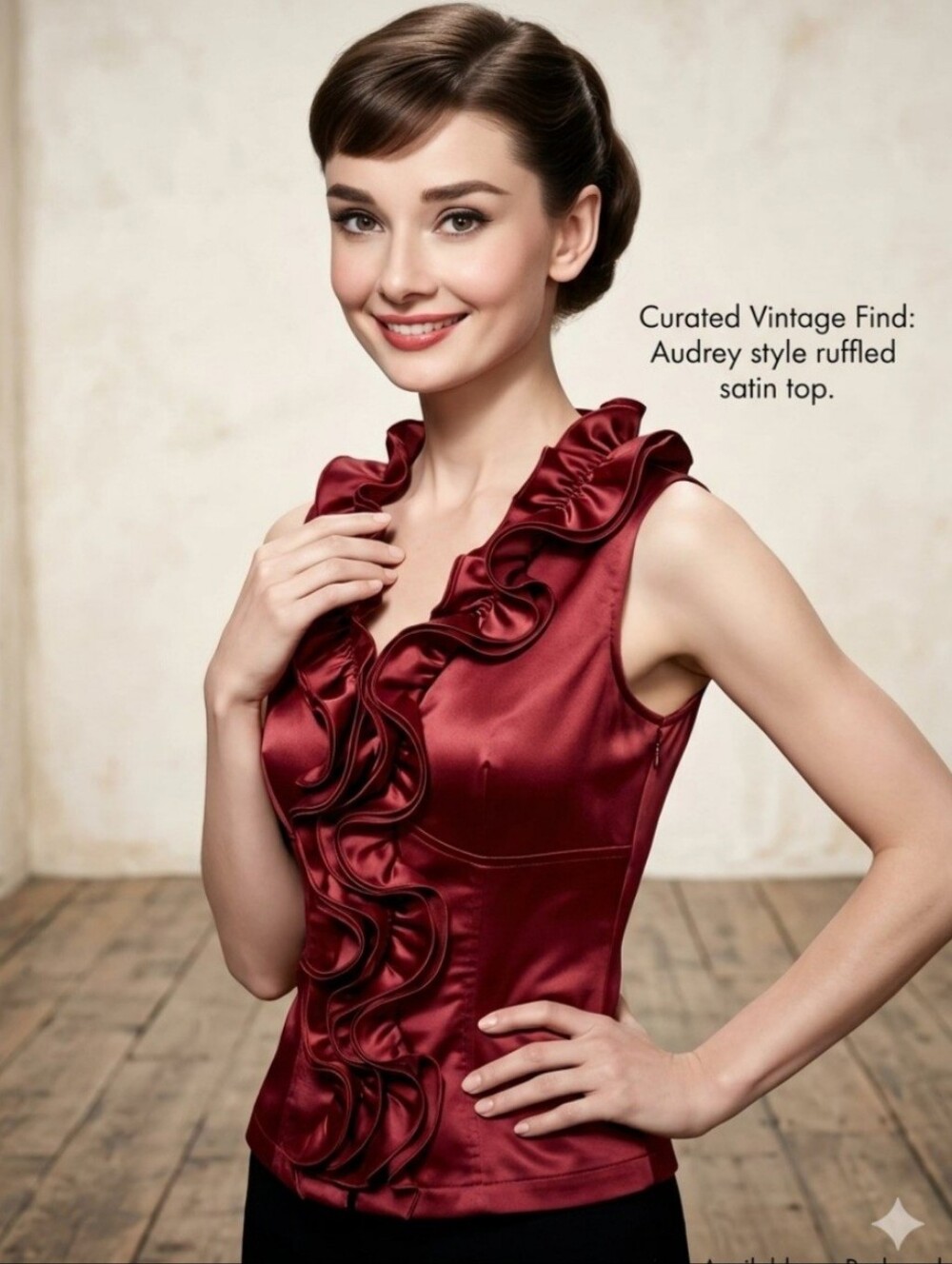 Midnight Velvet Top, Size L, Red Wine Tone, Sleeveless, Ruffle Ruching